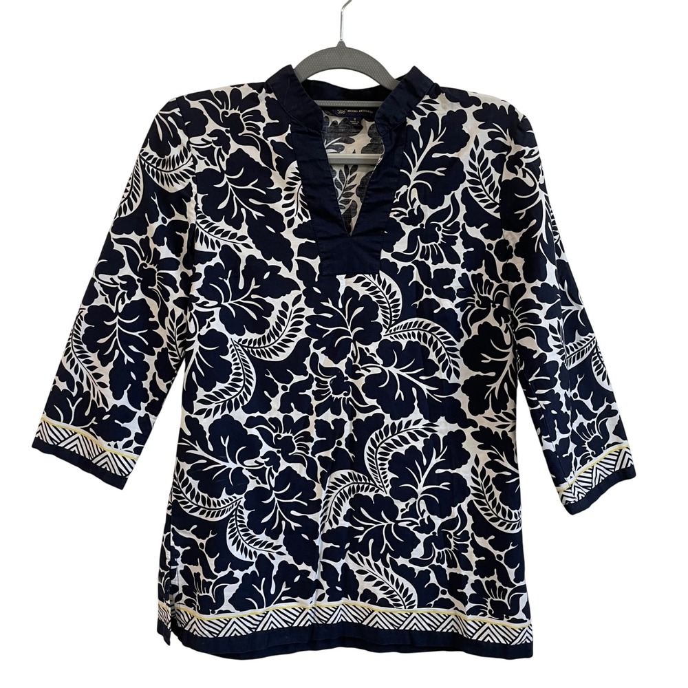 Brooks‎ Brothers 346 Floral Print Tunic Top Navy Blue White Womens Small Cotton